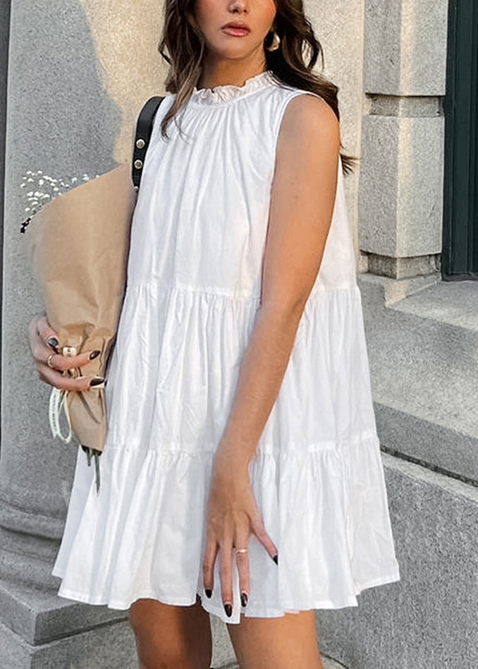 French White Ruffled Lace Up Patchwork Cotton Mid Dress Sleeveless