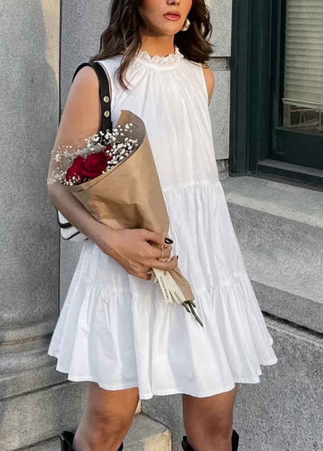 French White Ruffled Lace Up Patchwork Cotton Mid Dress Sleeveless