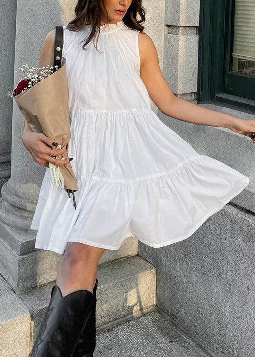 French White Ruffled Lace Up Patchwork Cotton Mid Dress Sleeveless