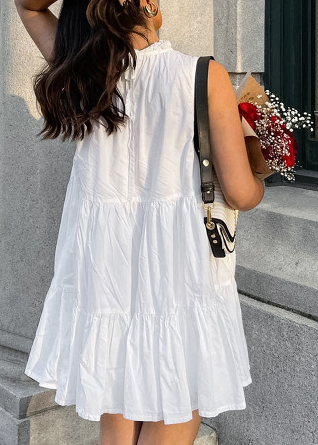 French White Ruffled Lace Up Patchwork Cotton Mid Dress Sleeveless