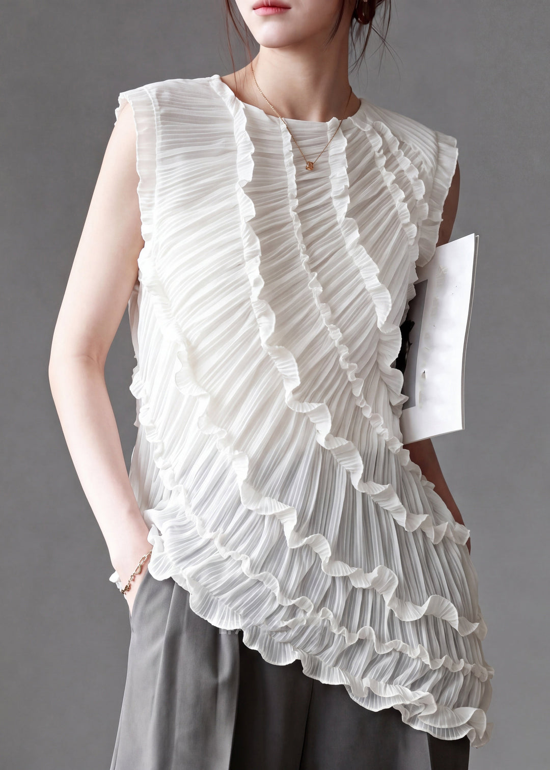 French White Ruffled Patchwork Asymmetrical Vest Sleeveless