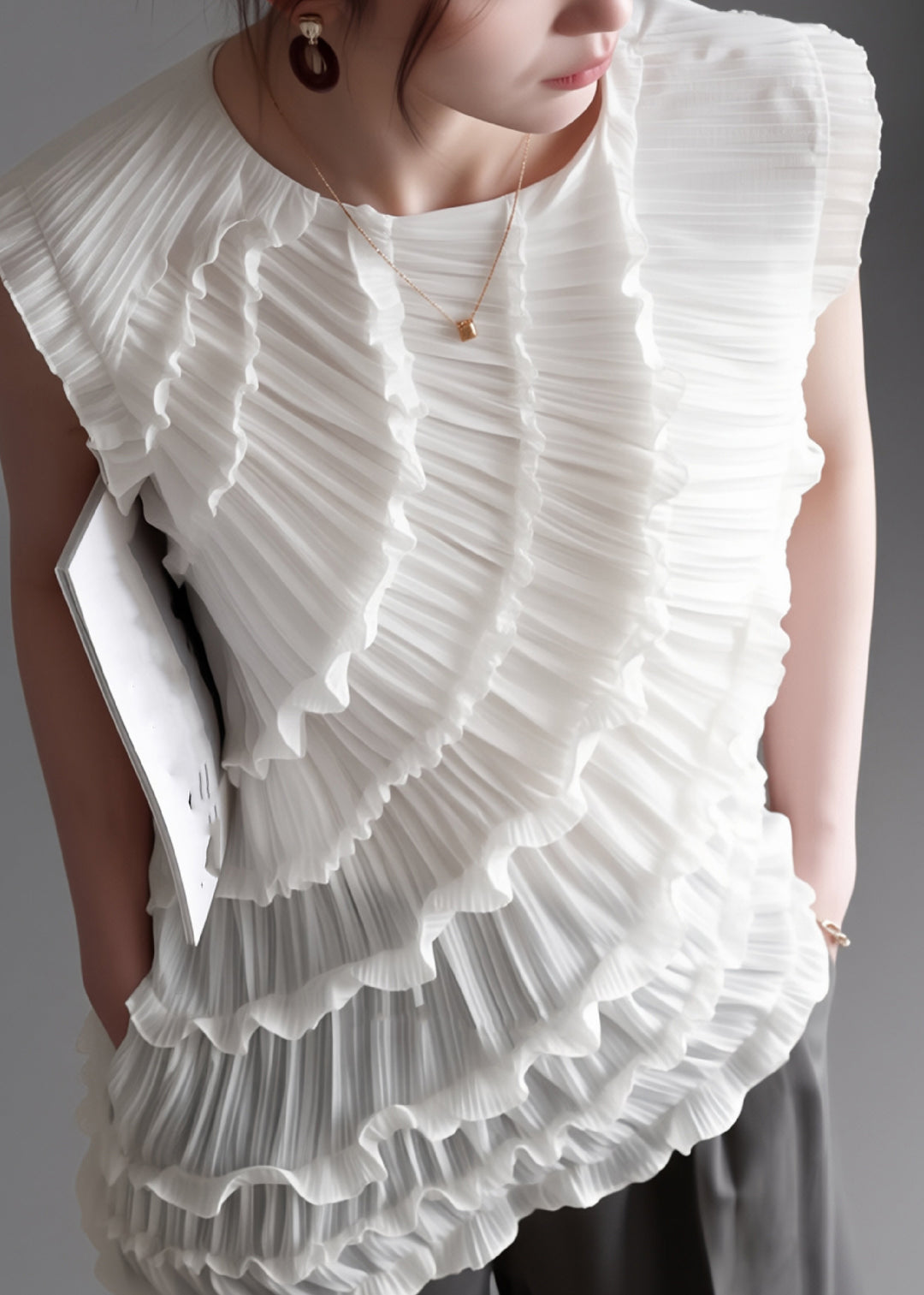 French White Ruffled Patchwork Asymmetrical Vest Sleeveless