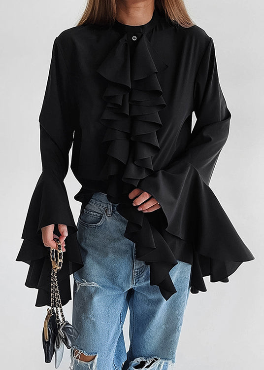 French White Ruffled Patchwork Chiffon Shirts Top Fall