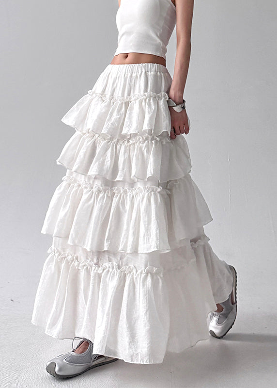 French White Ruffled Patchwork Elastic Waist Cotton Skirt Fall