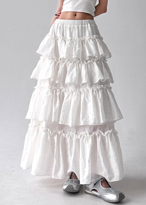 French White Ruffled Patchwork Elastic Waist Cotton Skirt Fall