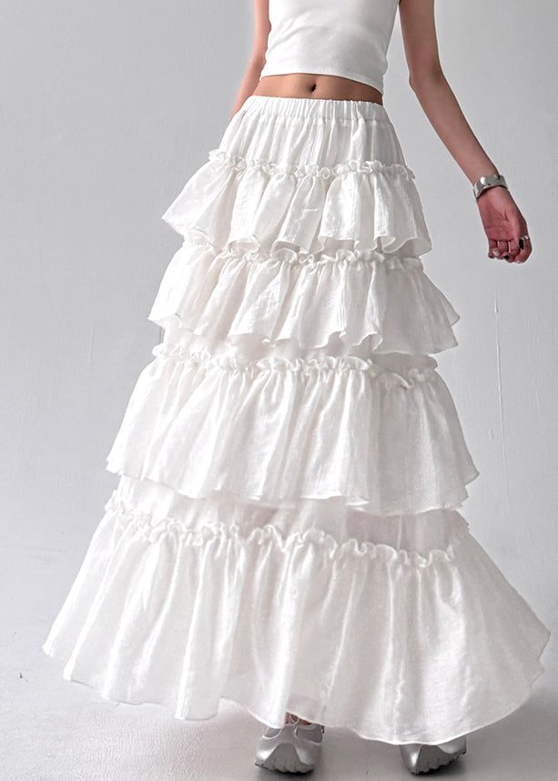 French White Ruffled Patchwork Elastic Waist Cotton Skirt Fall
