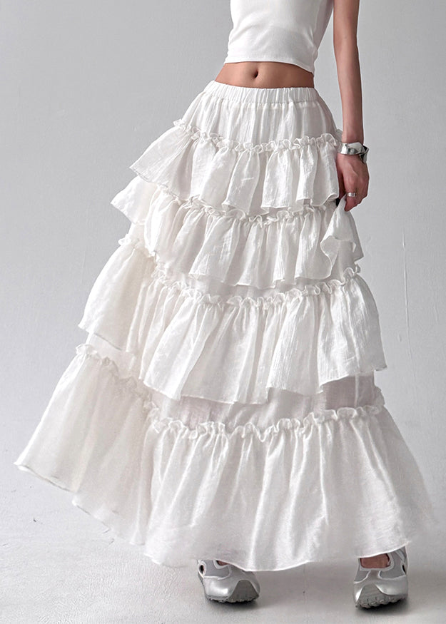 French White Ruffled Patchwork Elastic Waist Cotton Skirt Fall