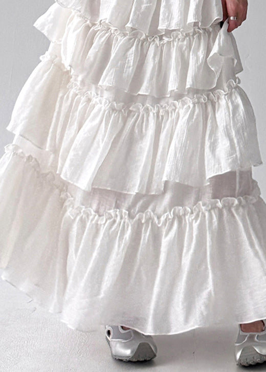 French White Ruffled Patchwork Elastic Waist Cotton Skirt Fall