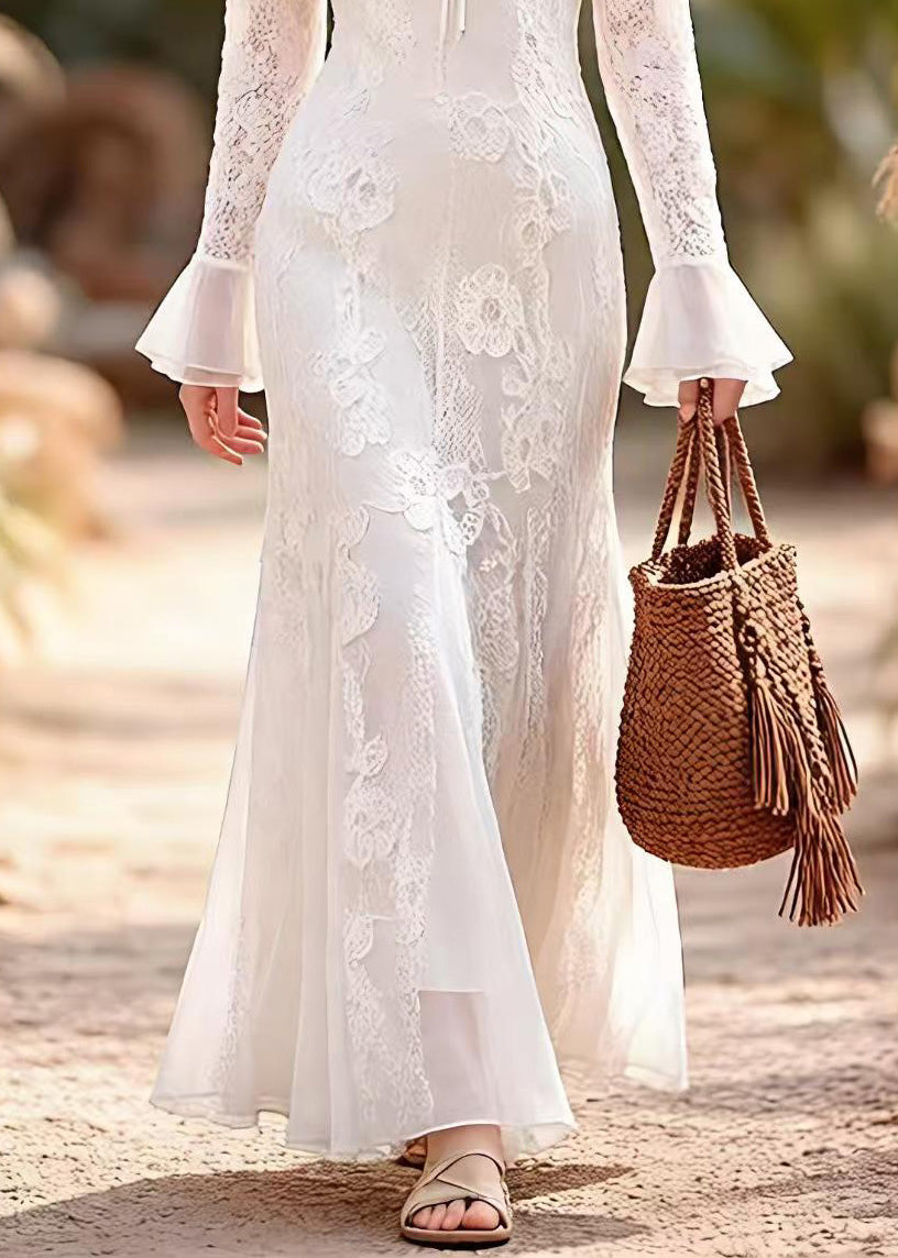 French White Ruffled Patchwork Lace Long Dress Spring