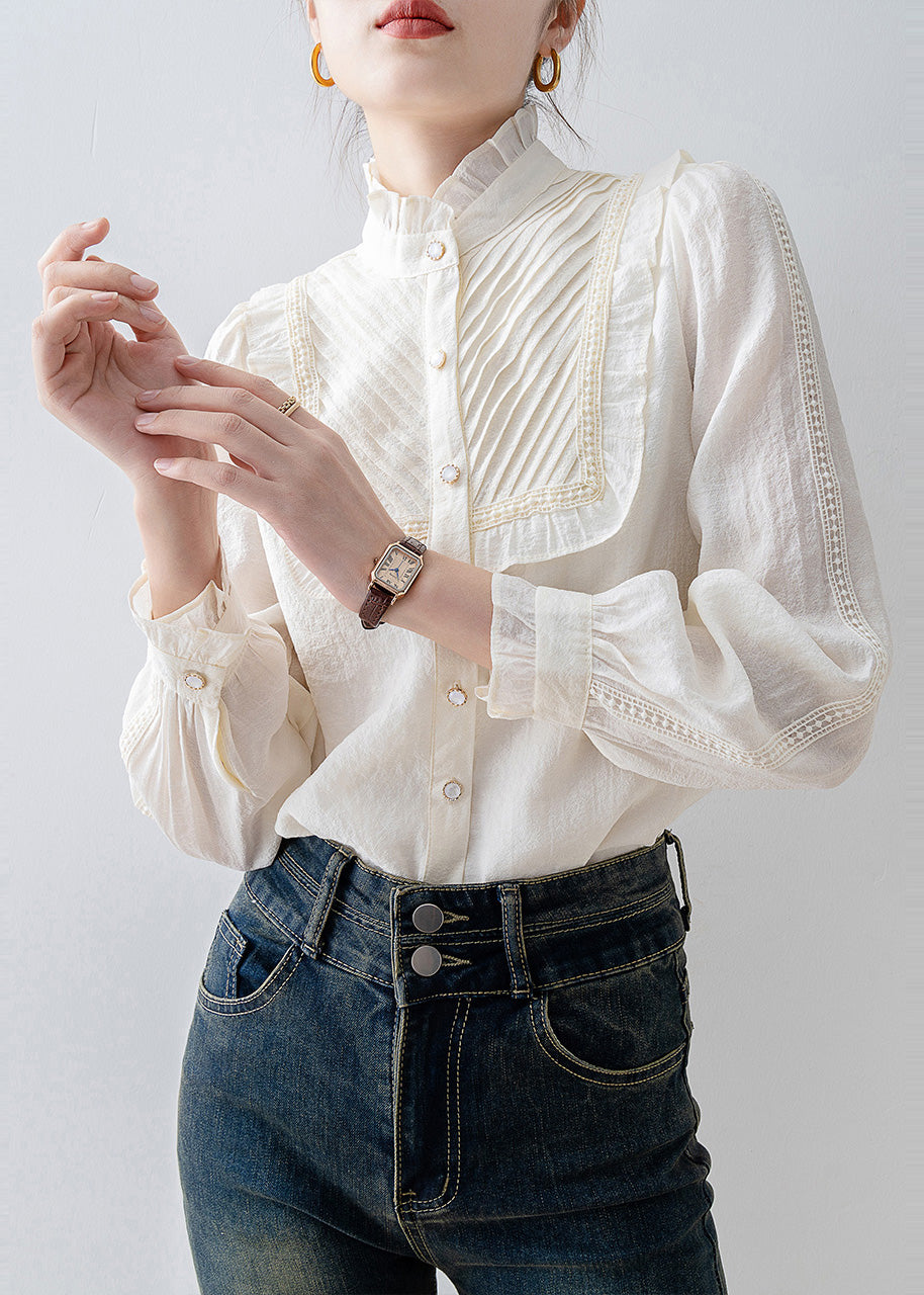 French White Ruffled Patchwork Wrinkled Chiffon Shirt Tops Spring