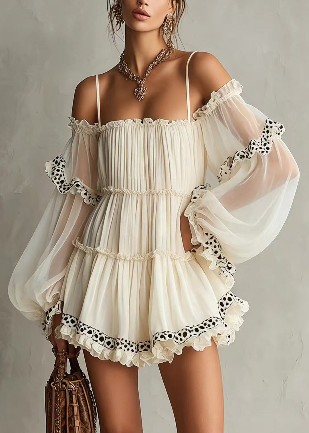 French White Ruffled Print Slash Neck Wrinkled Mini Dress Summer