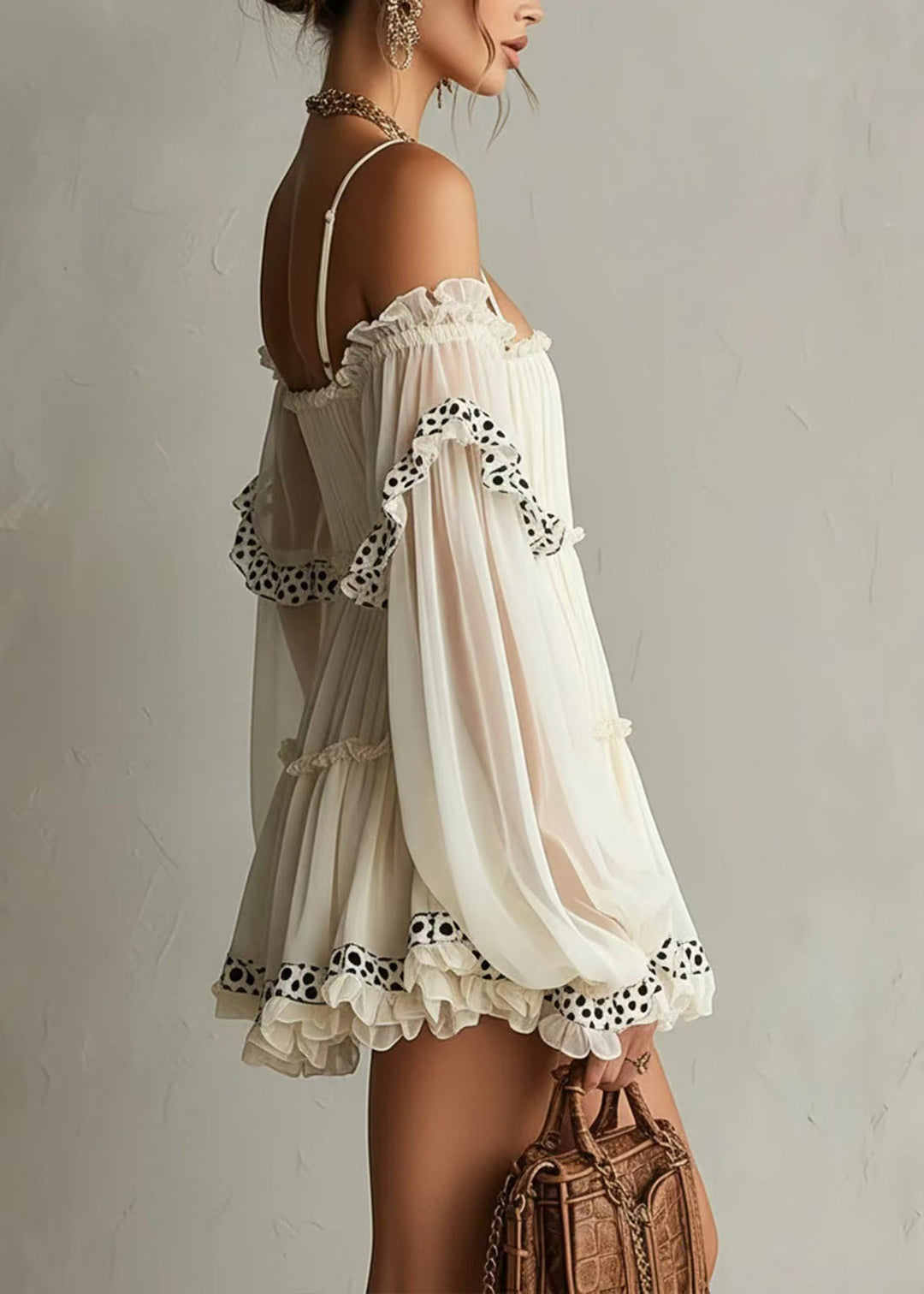 French White Ruffled Print Slash Neck Wrinkled Mini Dress Summer