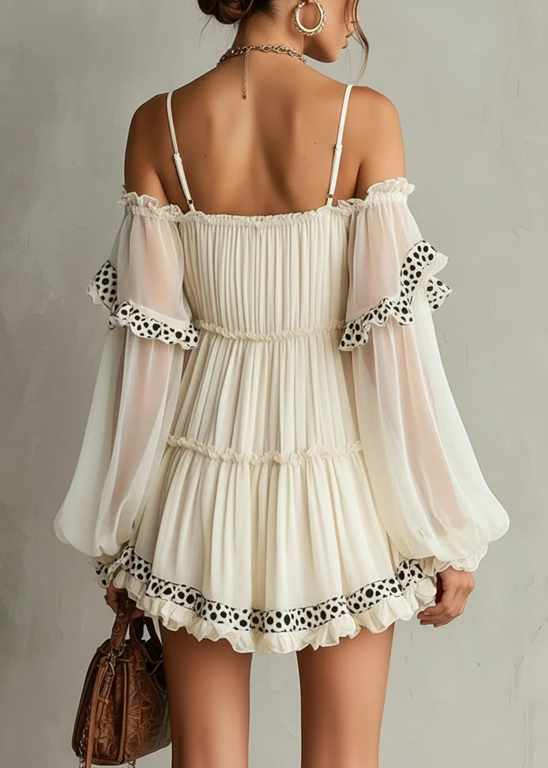 French White Ruffled Print Slash Neck Wrinkled Mini Dress Summer