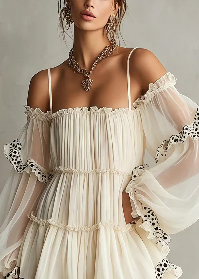 French White Ruffled Print Slash Neck Wrinkled Mini Dress Summer