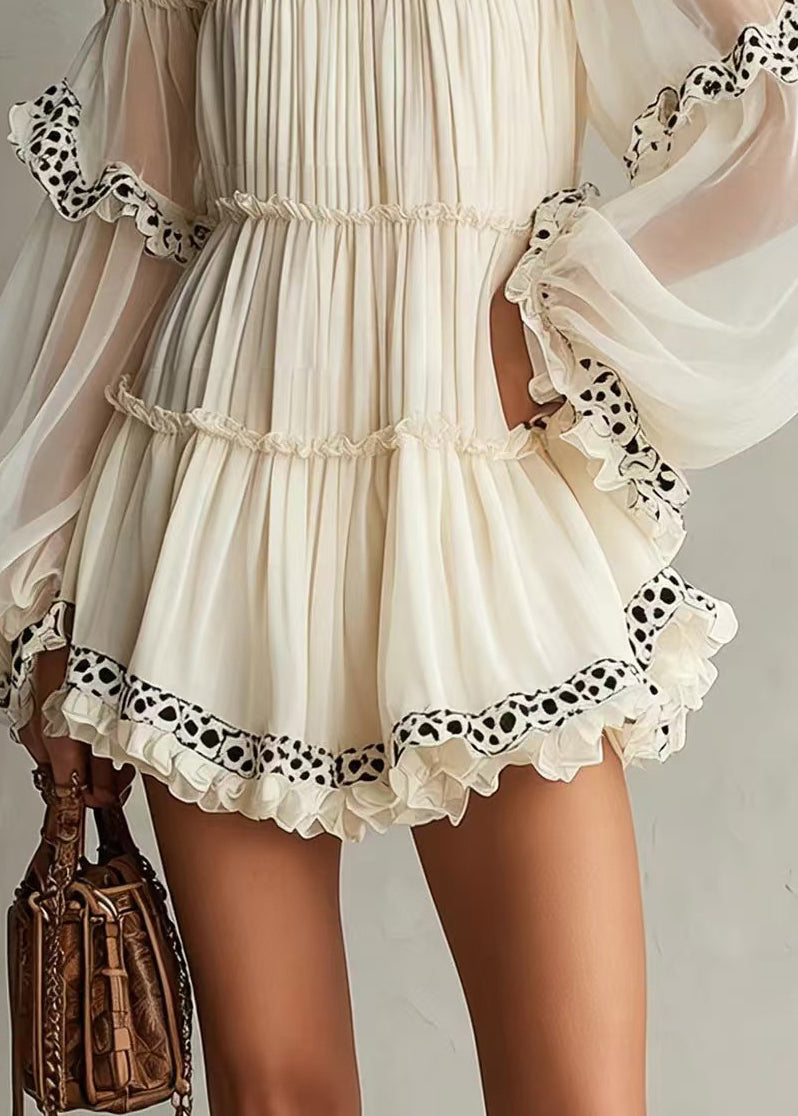 French White Ruffled Print Slash Neck Wrinkled Mini Dress Summer