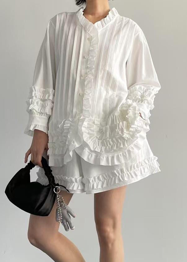 French White Ruffled Shirt And Shorts Cotton Two Piece Set Fall