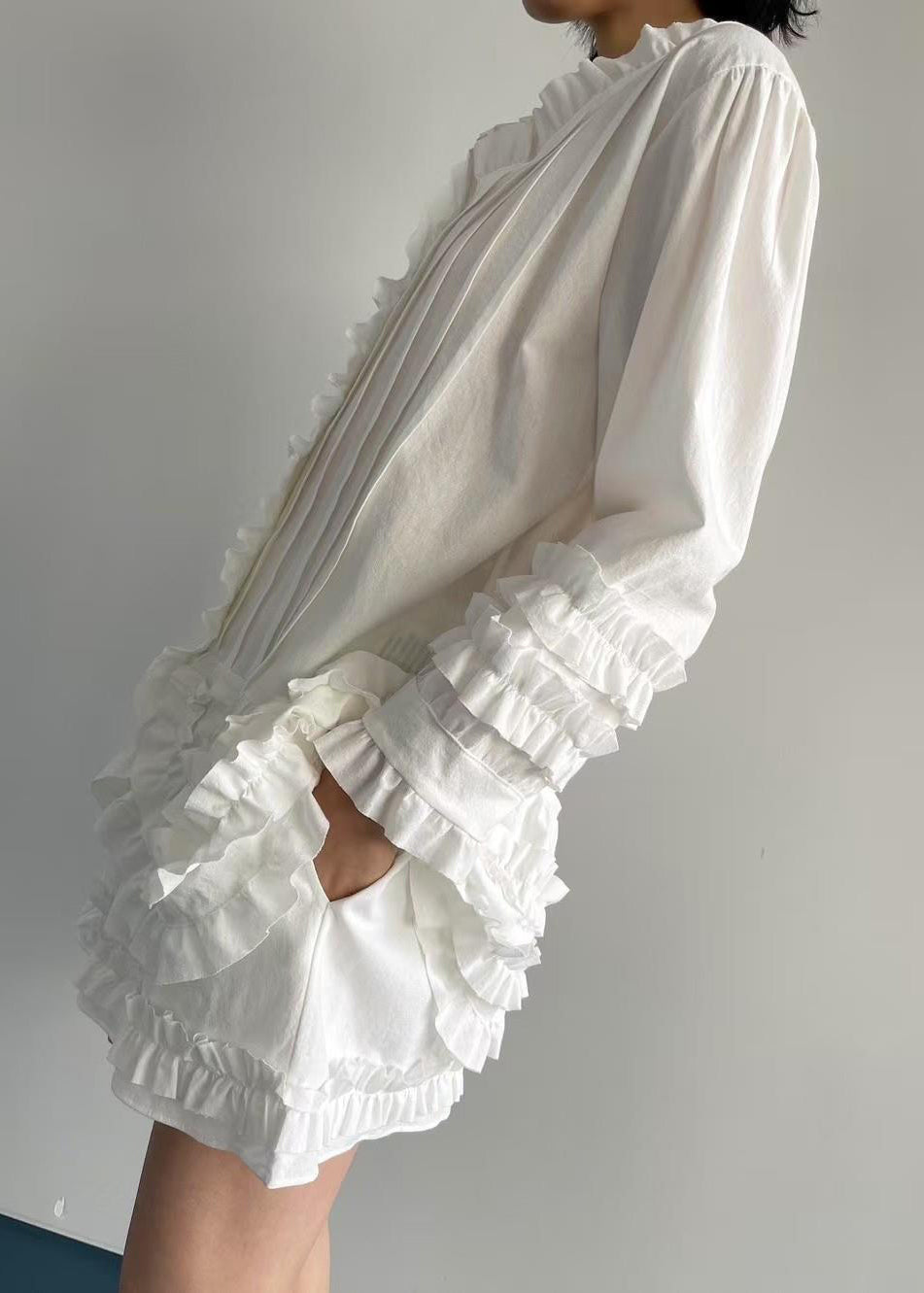 French White Ruffled Shirt And Shorts Cotton Two Piece Set Fall