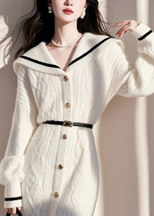 French White Sailor Collar Button Knit Sweater Dress Fall
