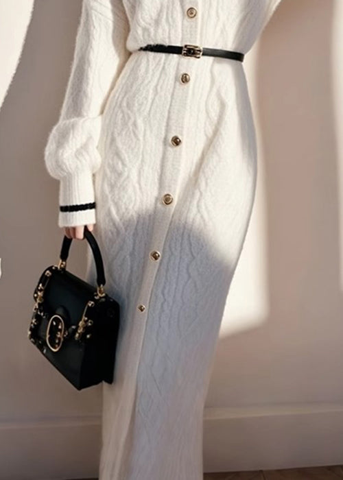 French White Sailor Collar Button Knit Sweater Dress Fall
