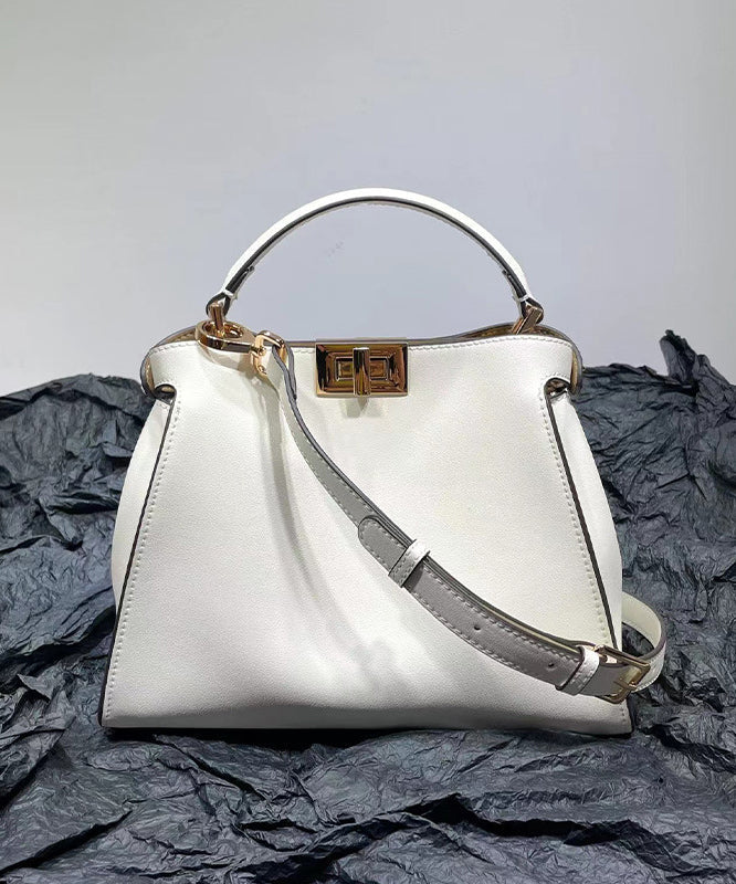 French White Solid Durable Leather Women Tote Handbag