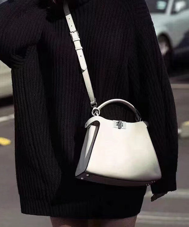 French White Solid Durable Leather Women Tote Handbag