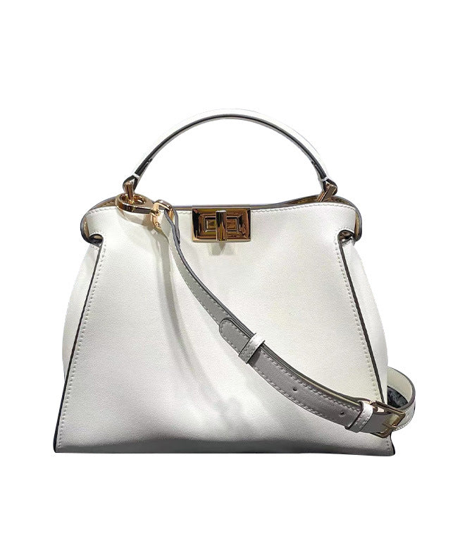 French White Solid Durable Leather Women Tote Handbag