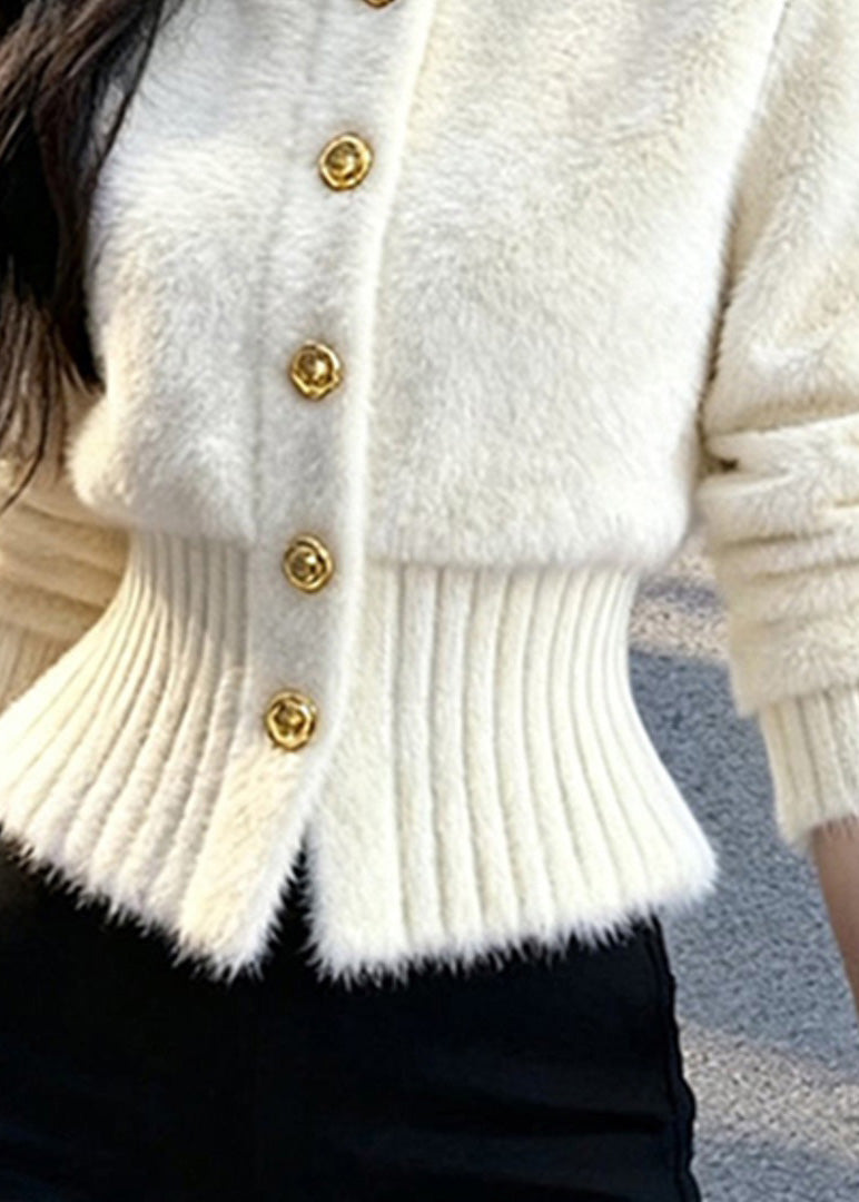 French White Stand Collar Button Knit Cardigans Winter