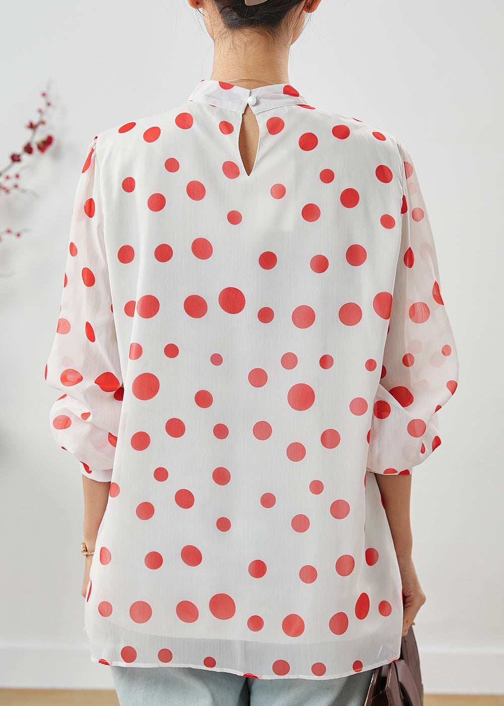 French White Stand Collar Dot Print Chiffon Blouses Spring