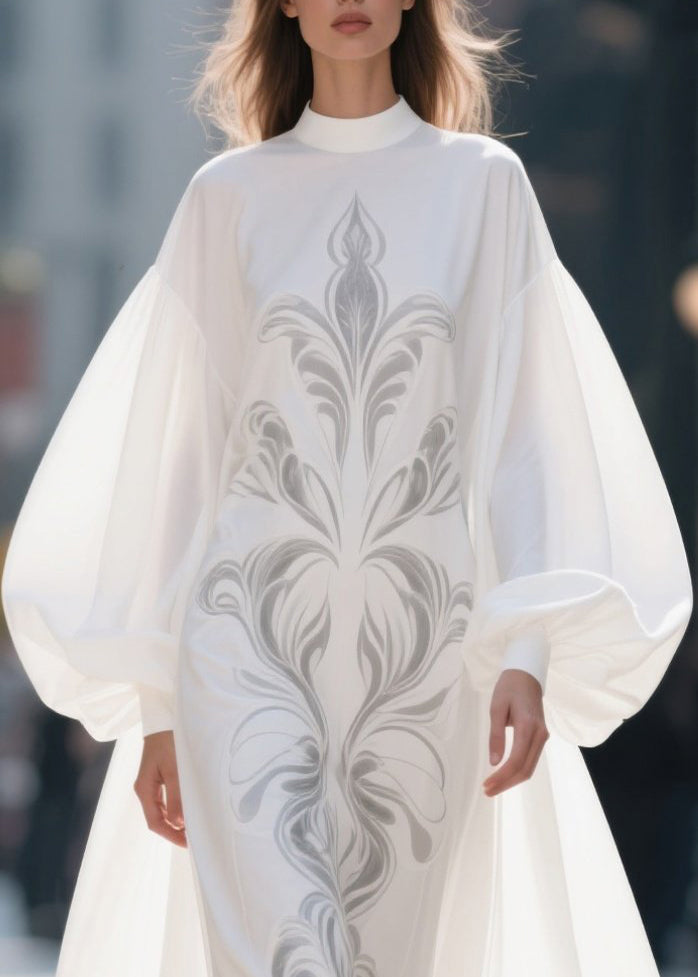French White Stand Collar Print Chiffon Robe Dresses Lantern Sleeve