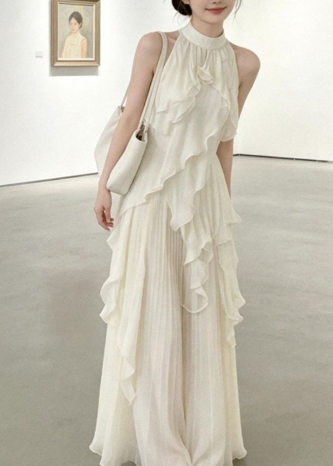 French White Stand Collar Ruffled Chiffon Long Dresses Summer