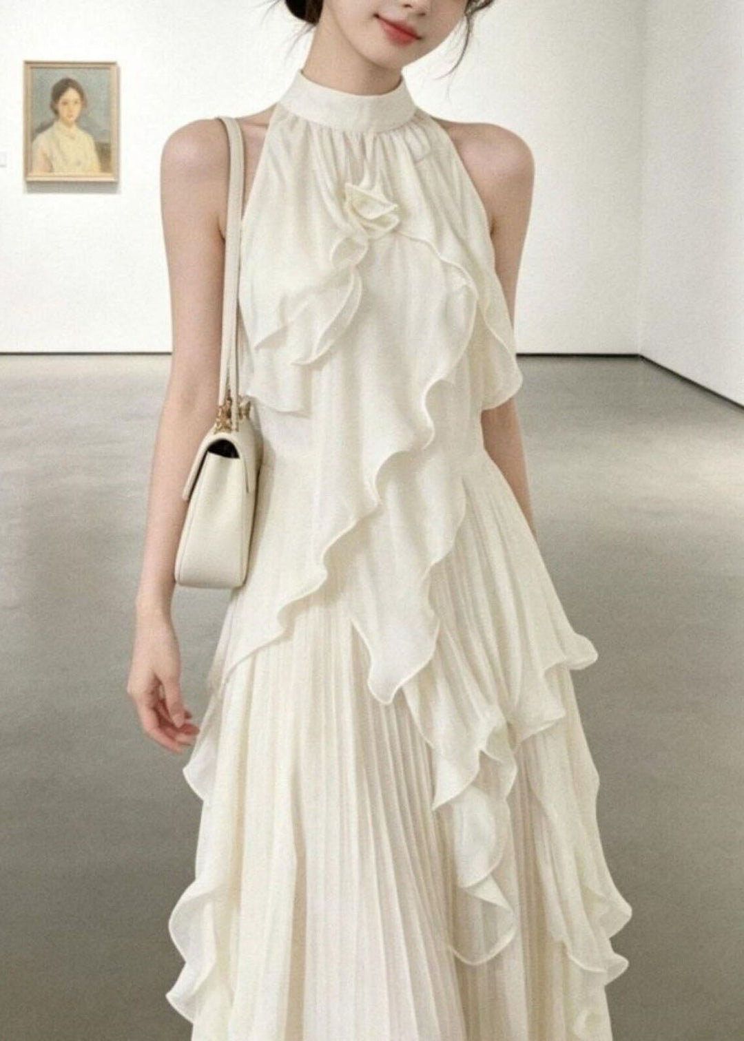 French White Stand Collar Ruffled Chiffon Long Dresses Summer