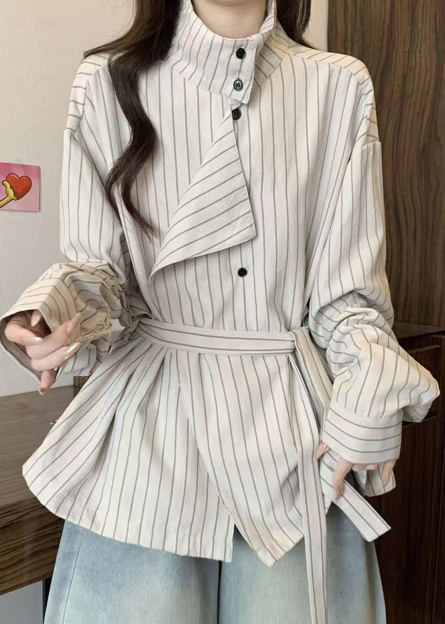 French White Stand Collar Striped Cotton Tunic Coat Fall