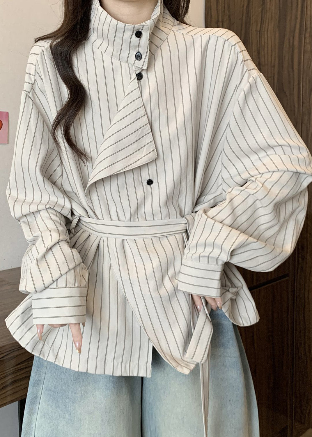 French White Stand Collar Striped Cotton Tunic Coat Fall