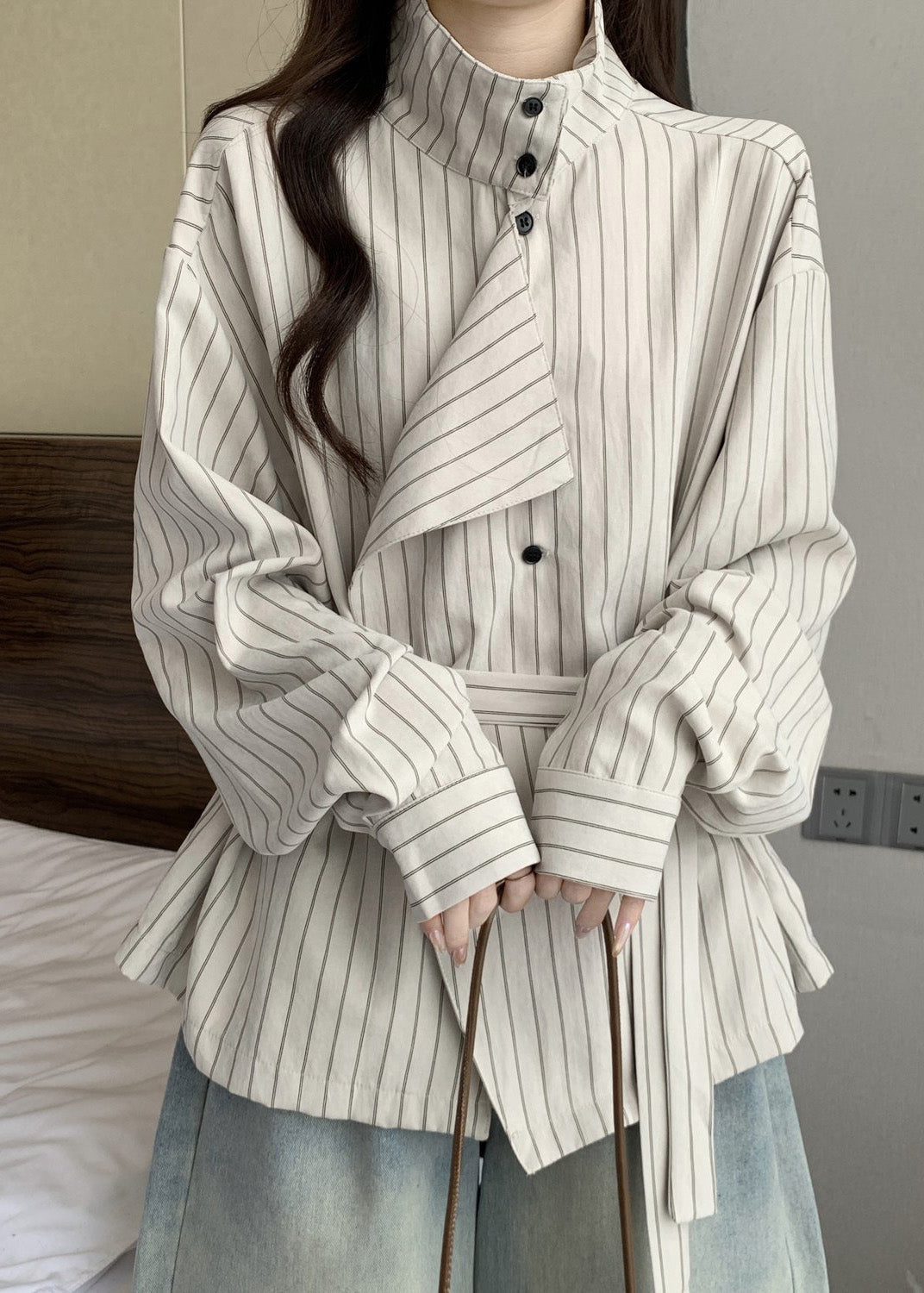 French White Stand Collar Striped Cotton Tunic Coat Fall