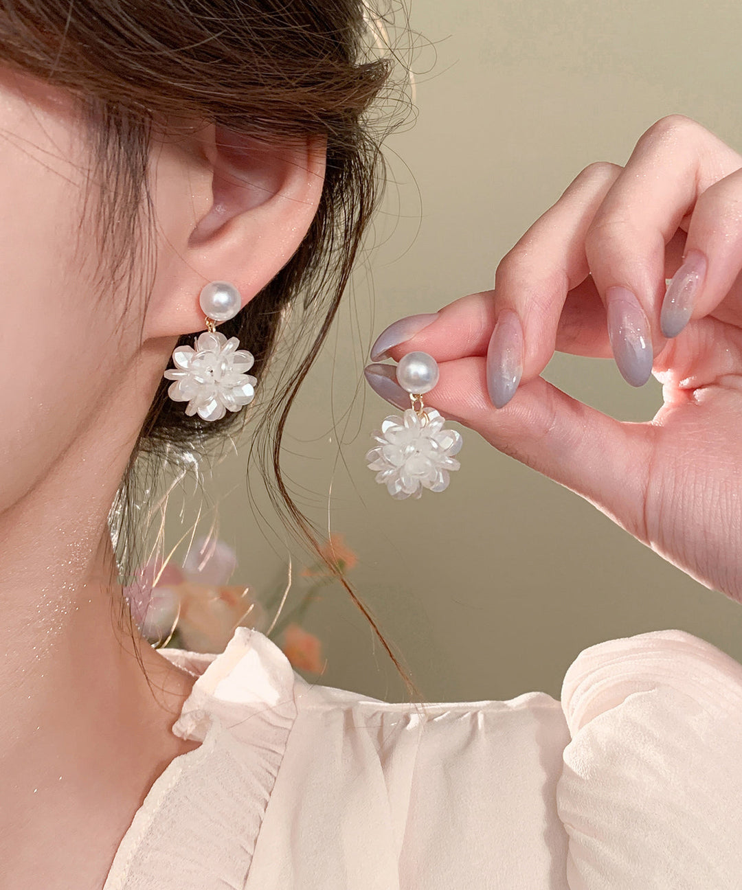 French White Sterling Silver Pearl Resin Hydrangea Stud Earrings