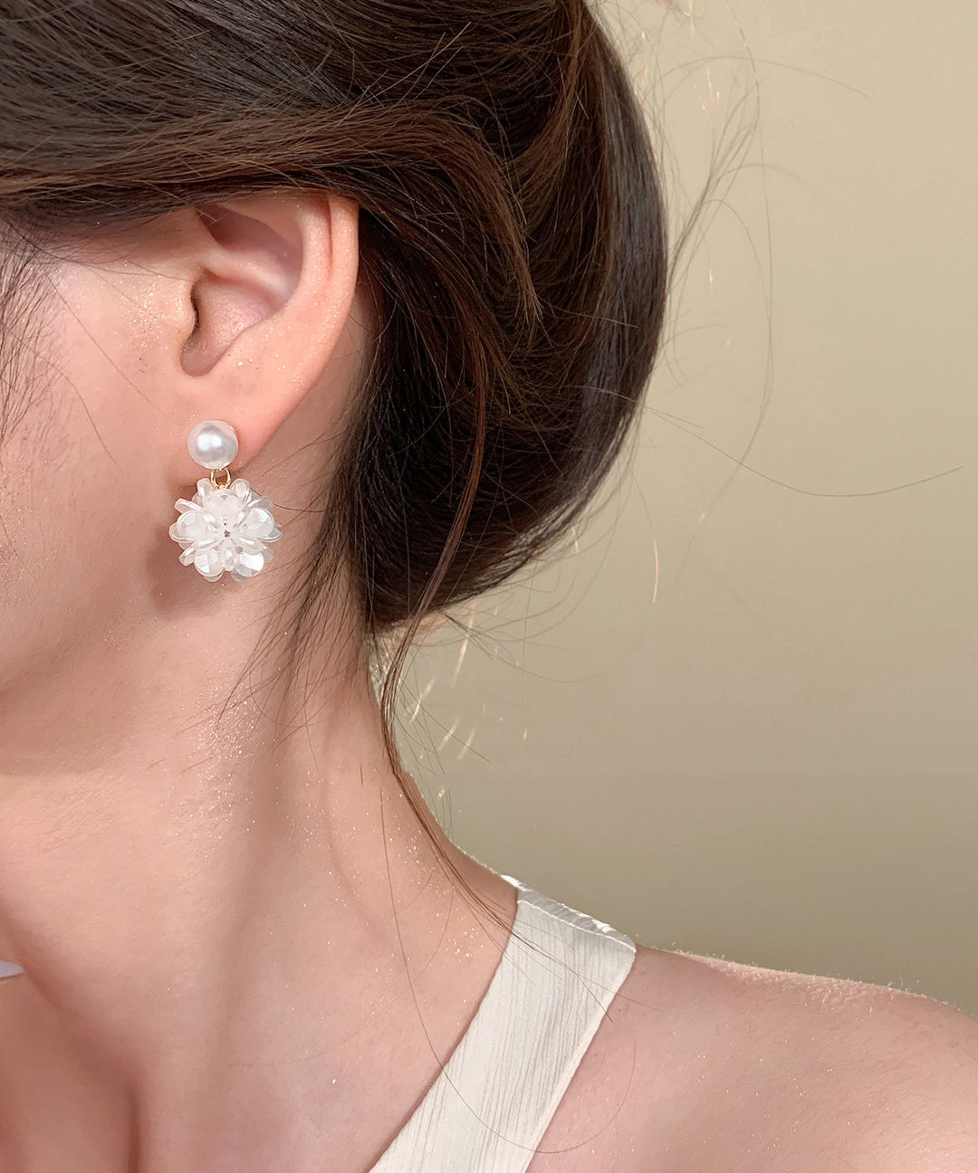 French White Sterling Silver Pearl Resin Hydrangea Stud Earrings