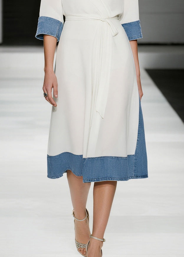 French White Tie Waist Denim Patchwork Chiffon Day Dress Summer