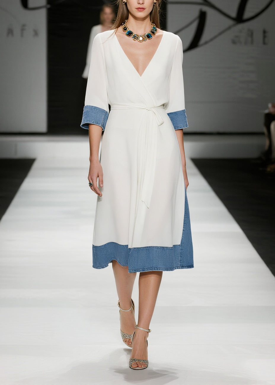 French White Tie Waist Denim Patchwork Chiffon Day Dress Summer