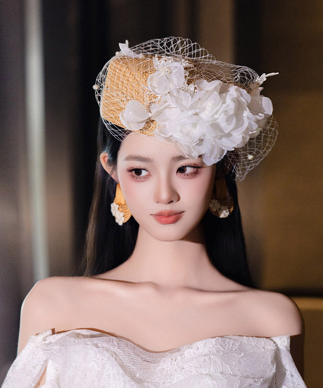 French White Tulle Multi-Layer Floral Pearl HairPiece