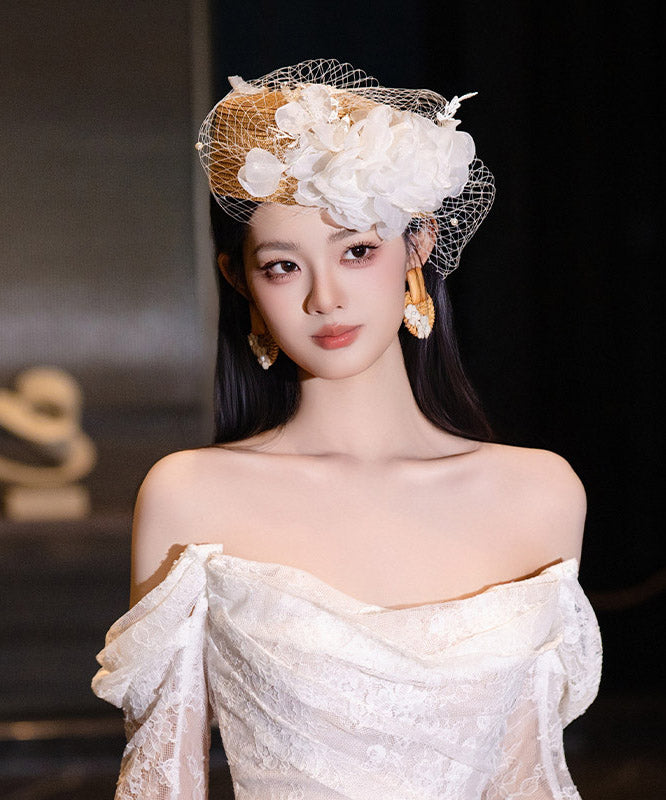 French White Tulle Multi-Layer Floral Pearl HairPiece