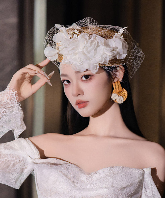 French White Tulle Multi-Layer Floral Pearl HairPiece