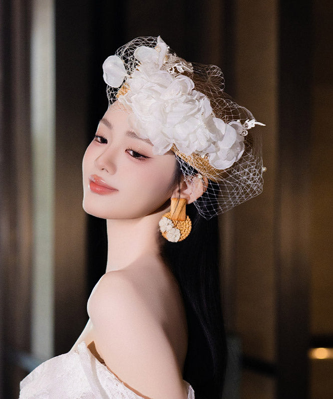 French White Tulle Multi-Layer Floral Pearl HairPiece