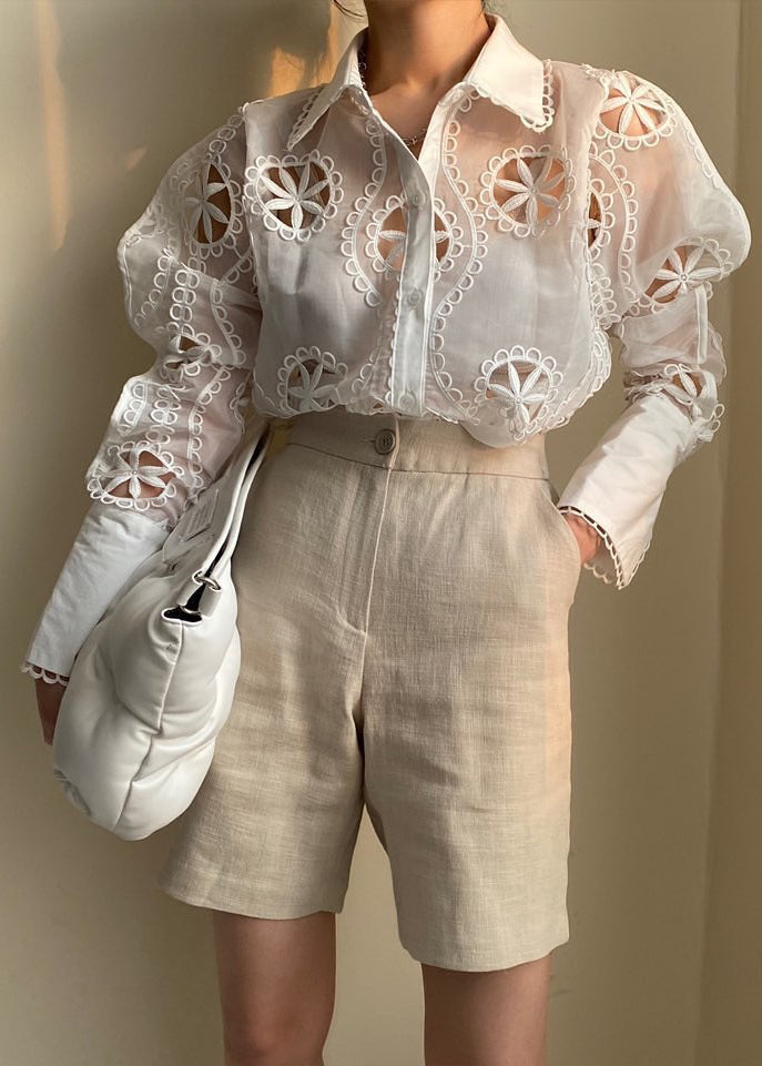 French White Turn-down Collar Cut Out Shirt Tops Puff Sleeve