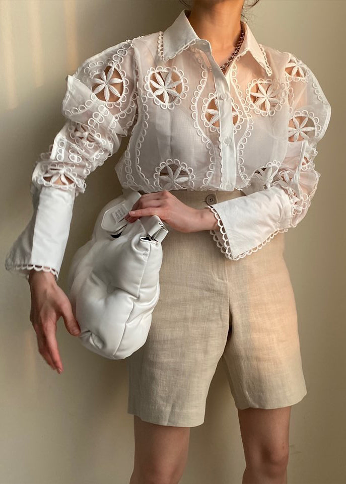 French White Turn-down Collar Cut Out Shirt Tops Puff Sleeve