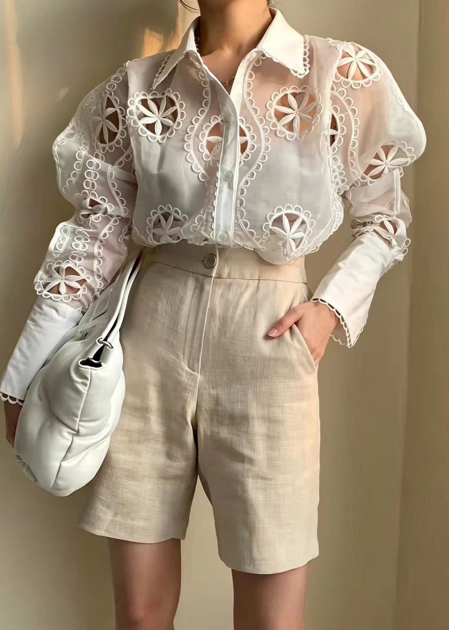 French White Turn-down Collar Cut Out Shirt Tops Puff Sleeve