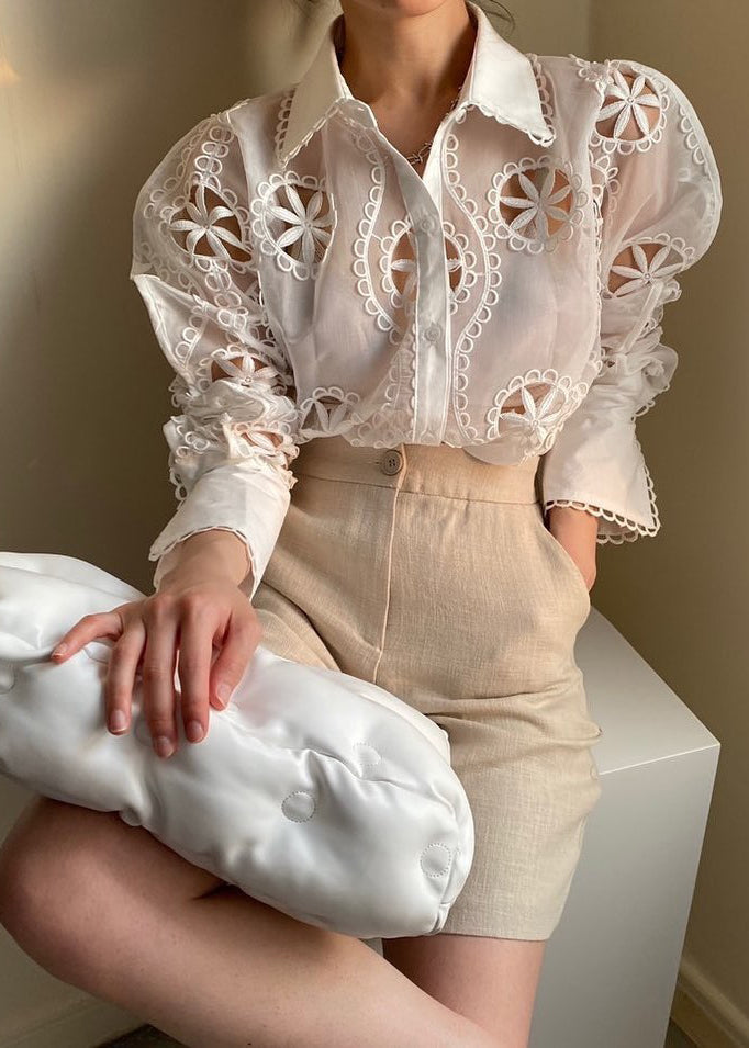 French White Turn-down Collar Cut Out Shirt Tops Puff Sleeve