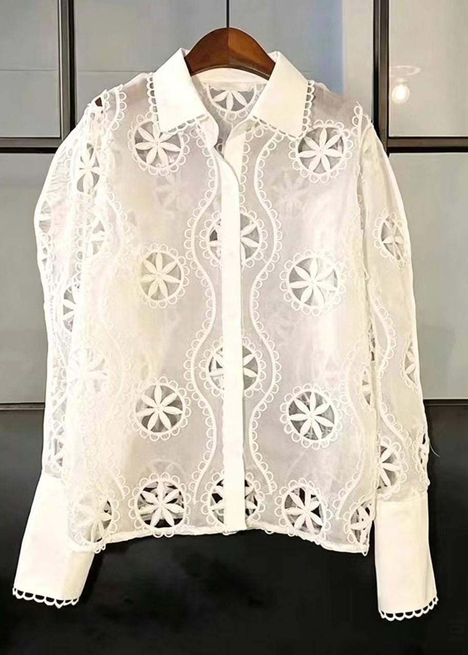 French White Turn-down Collar Cut Out Shirt Tops Puff Sleeve