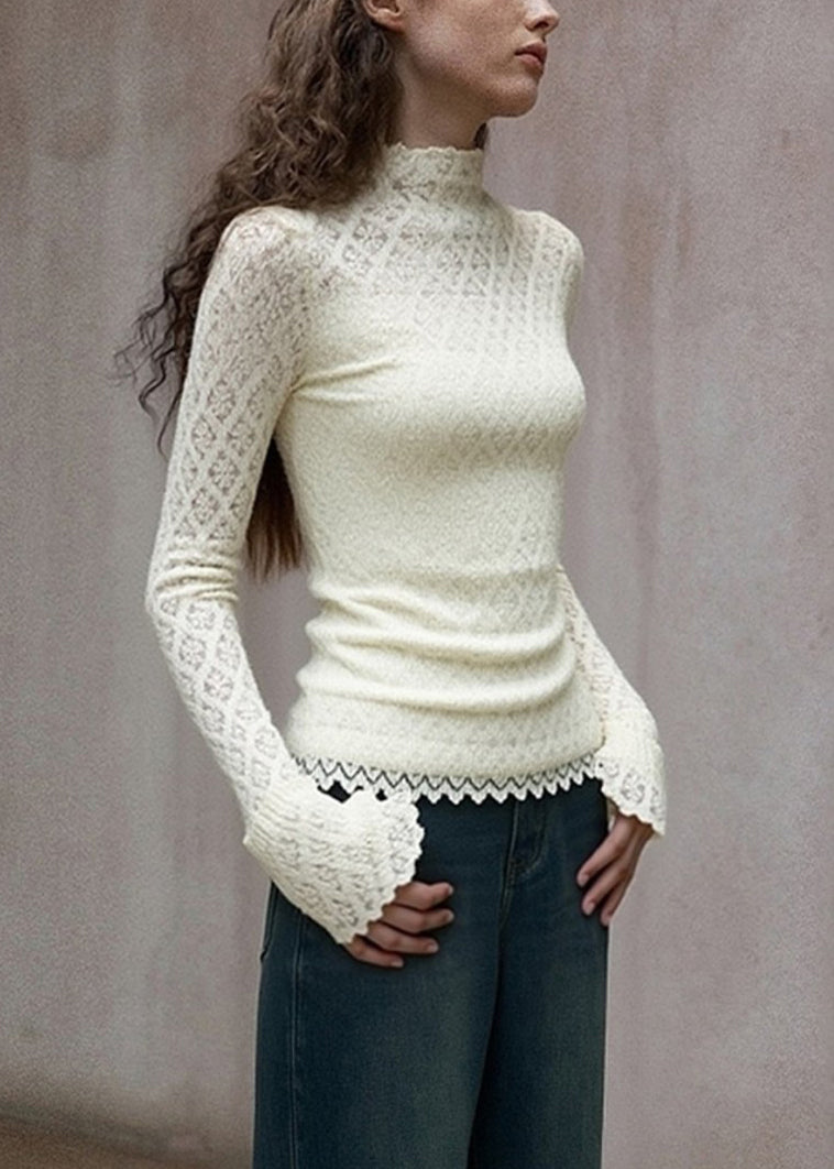 French White Turtleneck Solid Lace T Shirts Flare Sleeve