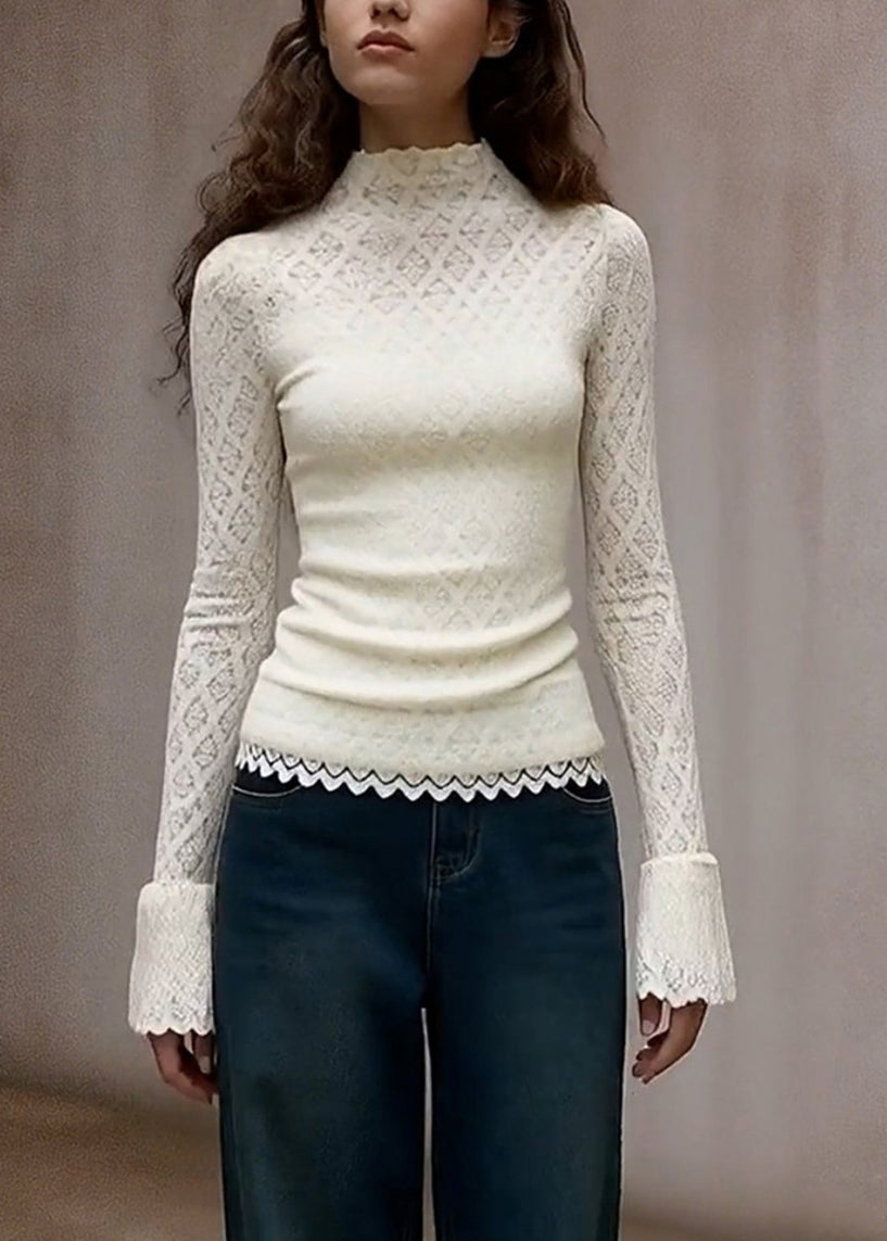 French White Turtleneck Solid Lace T Shirts Flare Sleeve