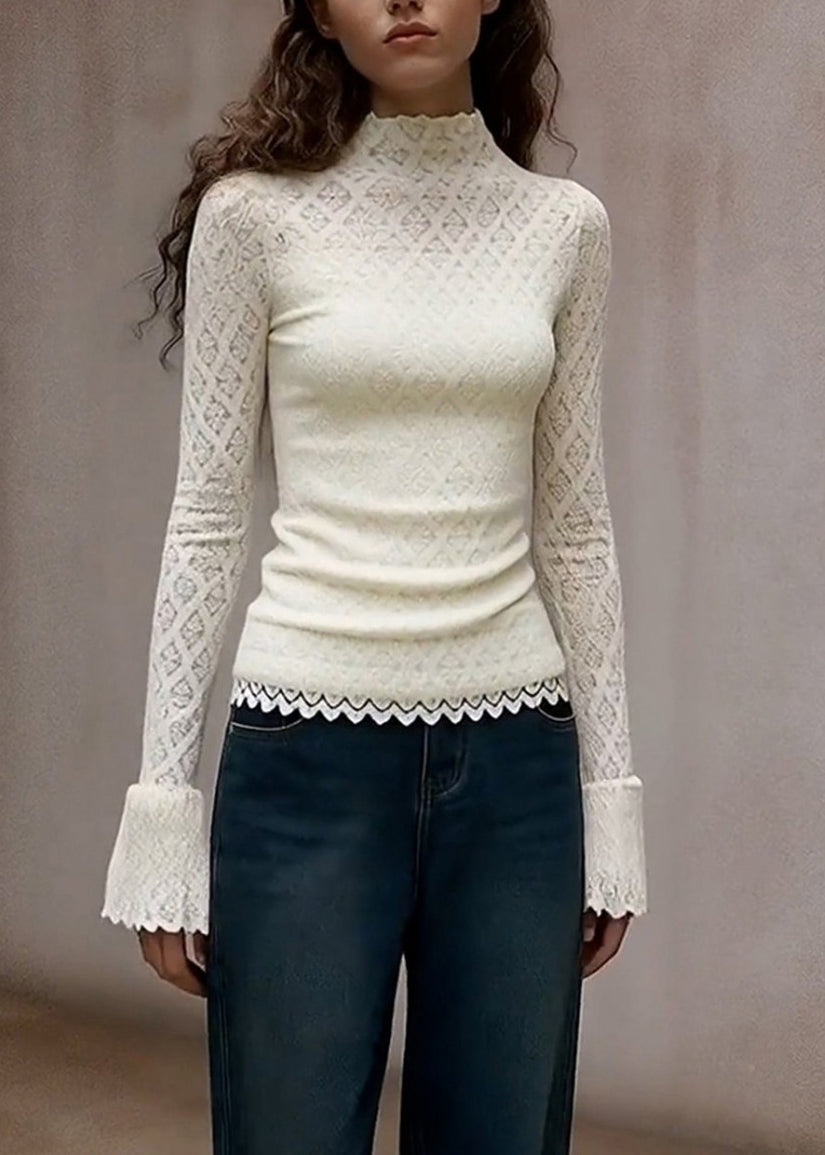 French White Turtleneck Solid Lace T Shirts Flare Sleeve